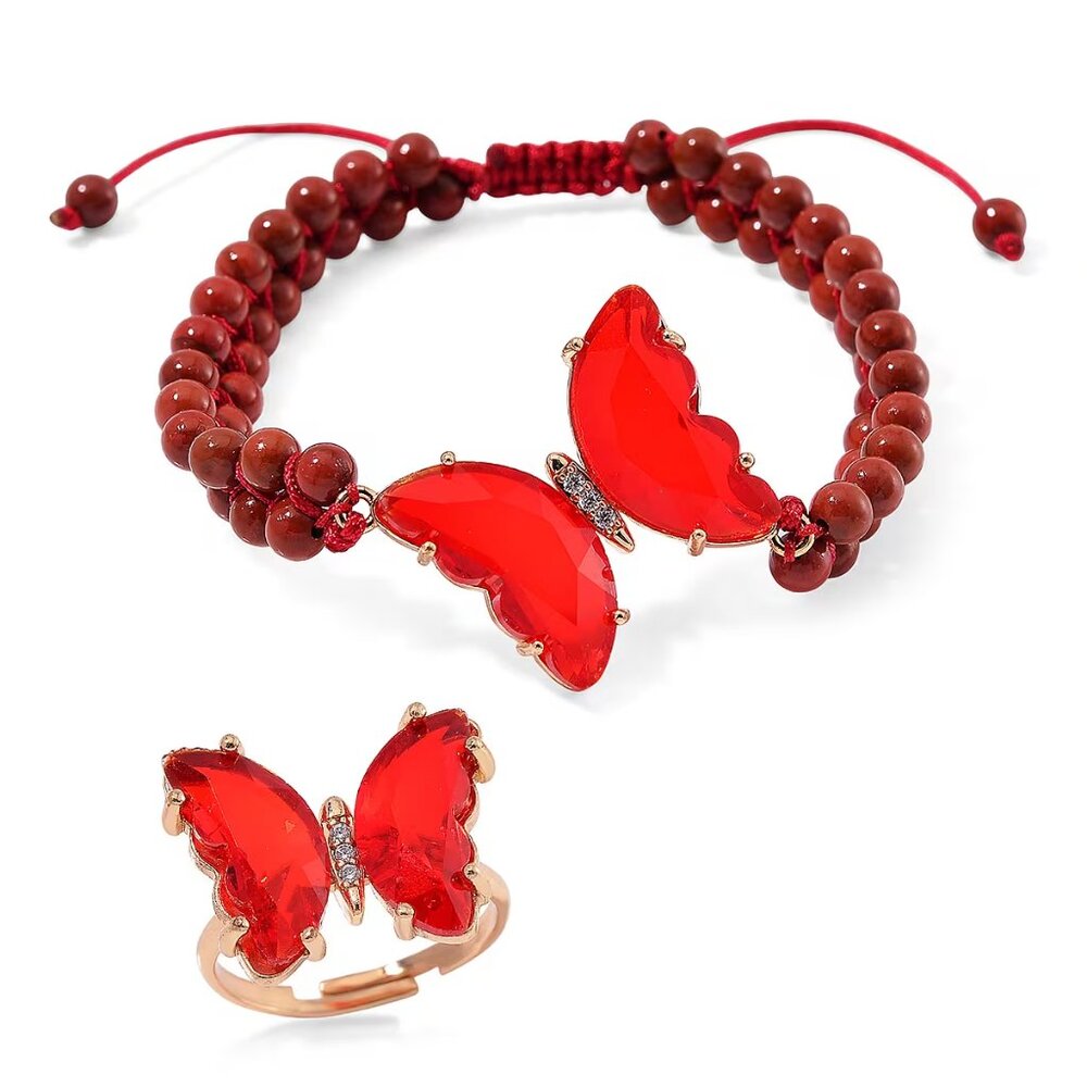 NEW Pretty Red Glass and Red Jasper Beaded Butterfly Bracelet and Ring Set